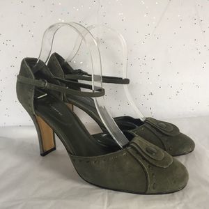 Nine West Vintage Olive Green Suede d'Orsay Pump Ankle Strap Flat Heel  Size 9